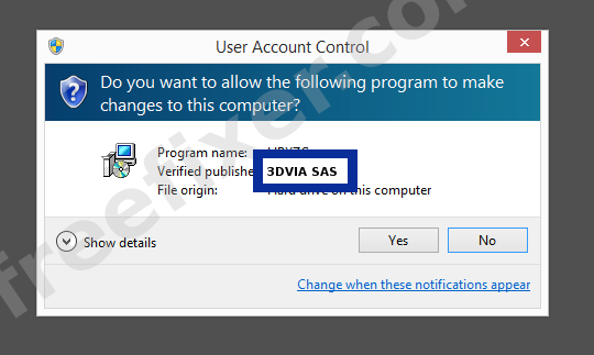 Screenshot where 3DVIA SAS appears as the verified publisher in the UAC dialog